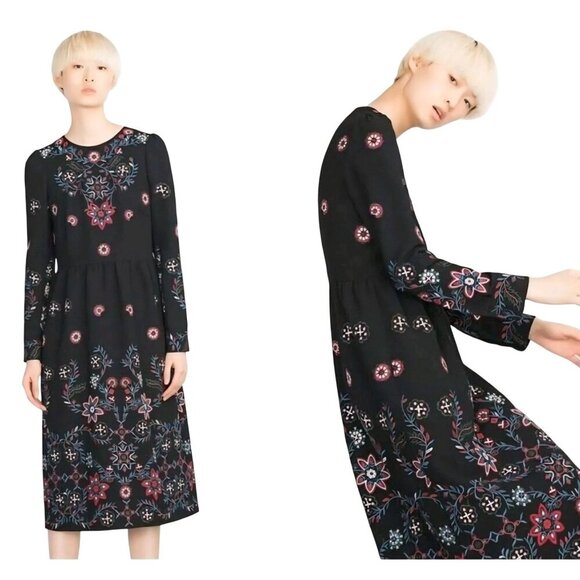 Zara Woman Floral Embroidered Runway Fav Long Sleeve Black Midi Dress Size M - Picture 5 of 14